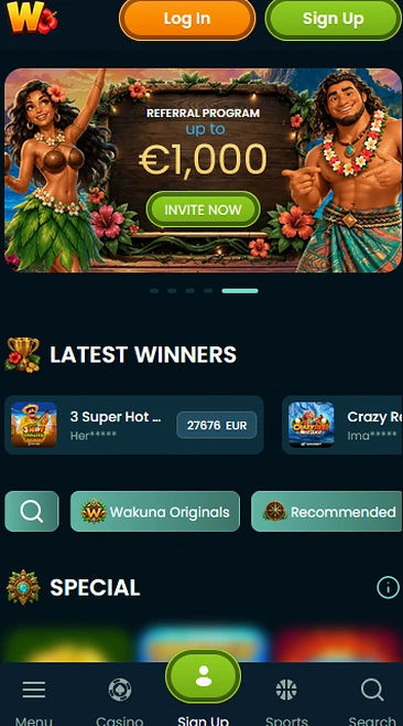 Wakuna Casino op een smartphone met Inloggen, Aanmelden, laatste winnaars en menu onderaan