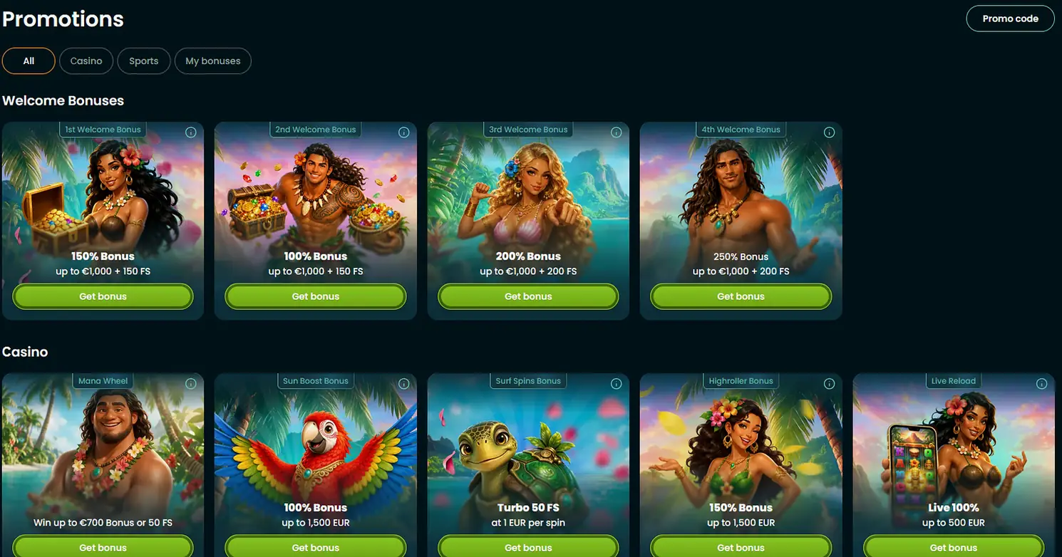 Wakuna promoties met vier welkomstbonussen en casinobonussen als Mana Wheel, Sun Boost en Highroller