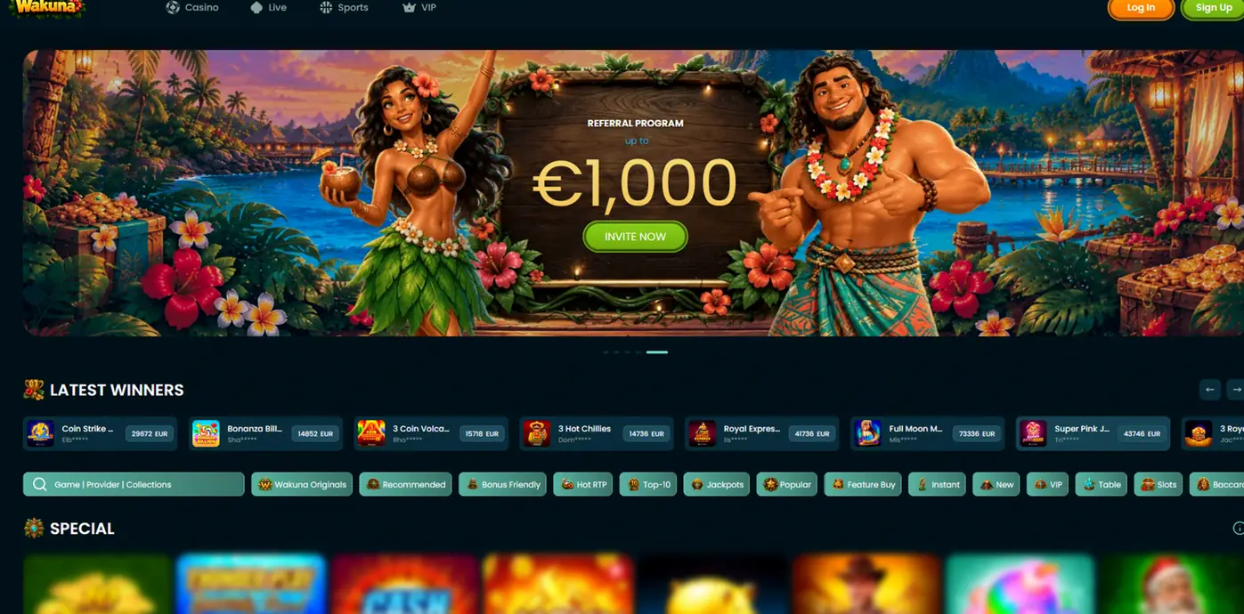 Wakuna Casino lobby met het referral-programma tot € 1.000, laatste winnaars en filters voor slots