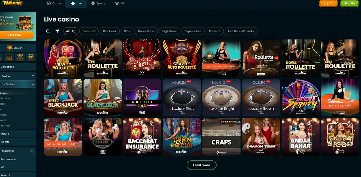 Live casino van Wakuna met roulette, blackjack, baccarat en game shows