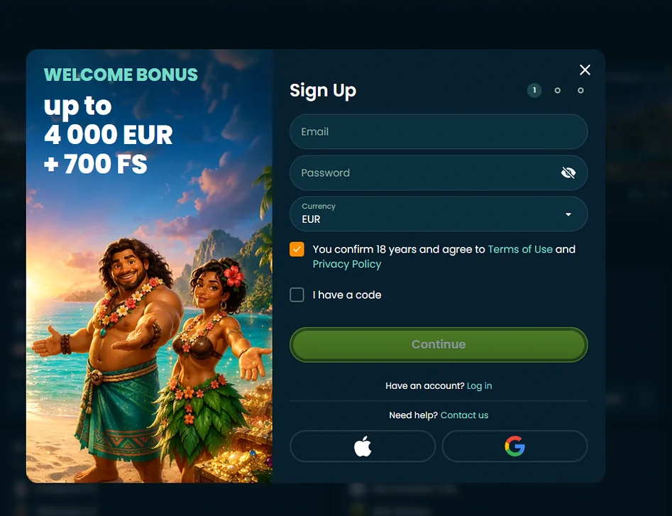 Registratieformulier van Wakuna met e-mail, wachtwoord, valuta EUR en welkomstbonus tot 4 000 EUR + 700 FS